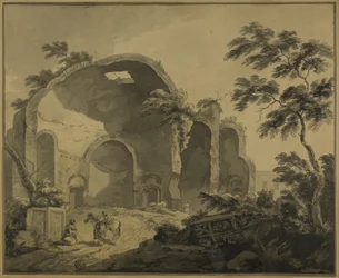 Ruinas romanas con dos campesinos conversando en primer plano