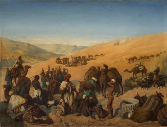 Parada de caravanas en los pozos de Saba Beersheba en el desierto al sur de Hebrón