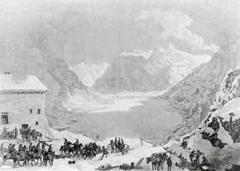 Ejército francés del Primer Cónsul Napoleón Bonaparte (1769-1821) en el Hospicio del Paso del Gran San Bernardo, 20 de mayo