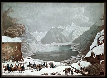 Napoleón Bonaparte (1769-1821) en el Hospicio del Paso de San Bernardo, 20 de mayo de 1800, grabado por Merou