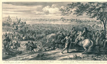 De Franse legers steken bij Lobith de Rijn over, 1672 El Rin pasó nadando por los franceses, a la vista del Ejército de Holanda (título sobre el objeto)