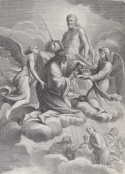 San Luis de Francia recibido en el cielo por Cristo y dos ángeles que le ofrecen la c..., 1671-80