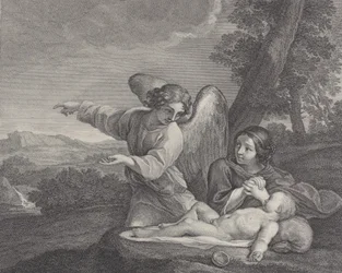 El ángel apareciendo a Agar en el desierto mientras ella junta sus manos junto al sueño