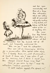 Alicia recibe consejos de la oruga azul, ilustración de Las aventuras bajo tierra de Alicia, pub. 1886 (facsímil)