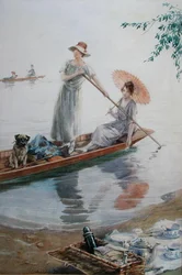Dos niñas con su perro pug remando de regreso a su picnic
