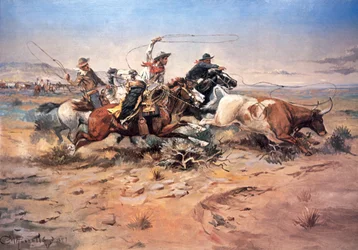 Vaqueros lazando un novillo