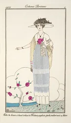 Robe de linon à haut volant de Broderie anglaise perle souliers noir et blanc, Plate 5, Costumes Parisiens publicado en Journal des Dames et des Modes, 1912