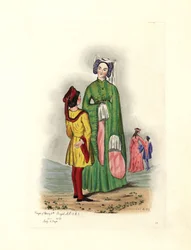 Traje típico femenino en tiempos de Enrique V, ilustración de "Costumes Civils d