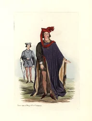 Traje masculino típico de la época de los reyes Enrique IV y Enrique V, ilustración de "Costumes Civils d