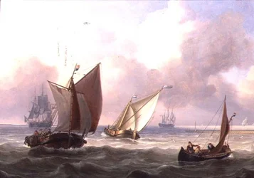 Barcos holandeses en un oleaje cerca de un muelle