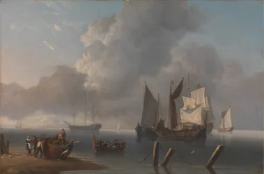 Buques de guerra frente a la costa, el almirante al mando siendo remado para unirse al buque insignia, sus velas iluminadas por una ruptura en las nubes.