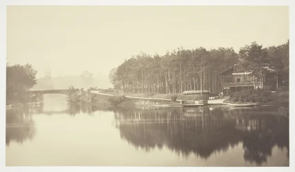 Sin título, c. 1850. [Puente y chalet en el Bois de Boulogne, un parque en París]