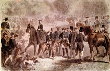 Napoleón III: La cita de caza en el Pozo del Rey cerca del bosque de Compiègne durante la estancia del rey Guillermo III (1817-1890). Grabado coloreado por C. Maurand y G. Janet después de Fortris publicado en "Le Monde illustré" el 26/10/1861