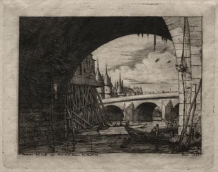 Grabados de París: Un arco del puente de Notre Dame, 1853