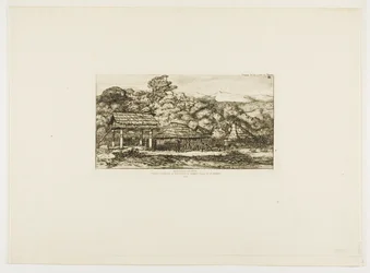 Graneros y cabañas indígenas en Akaroa, península de Banks, 1845