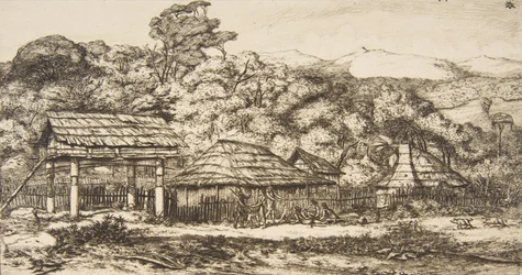 Graneros y chozas nativas en Akaroa, Península de Banks, 1845
