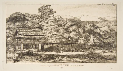 Graneros y chozas indígenas en Akaroa, península de Banks, 1845, de «El viaje a Nueva Zelanda (1842-46)»