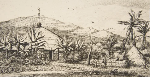 Nueva Caledonia: Gran cabaña nativa en el camino de Balade a Puebo, 1845, 1863