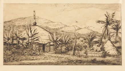 Nueva Caledonia: Gran cabaña indígena en el camino de Ballade a Poepo, 1845 (New Caledonia: Large Native Hut on the Road from Balade to Puebo, 1845)