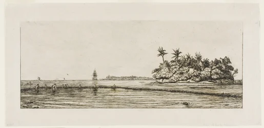 Oceanía: Pesca, cerca de islas con palmeras en el grupo Uea o Wallis, 1845