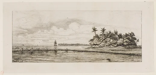 Oceanía: pesca, cerca de islas con palmeras en el grupo Uea o Wallis, 1845
