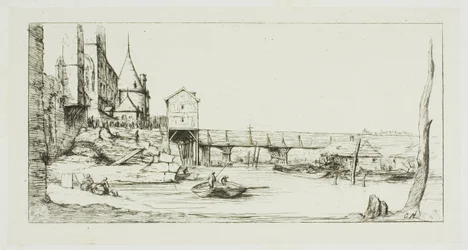 El puente peatonal que reemplaza temporalmente al Pont-au-Change, París, después del incendio de 1621