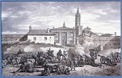Campañas de Italia: Napoleón Bonaparte (1769-1821) y el mariscal Augereau en una puerta de Verona en Italia con un cañón en 1796, dibujo atribuido a Charles Meynier (1768-1832)