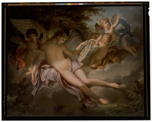 Cupido llora la pérdida de Psique, cuyo retrato detiene en sus manos