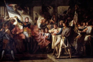 El mariscal Michel Ney (1769-1815) entrega a los soldados del 76º regimiento de línea sus banderas encontradas el 7/11/1805 (episodio posterior a la Batalla de Elchingen entre el ejército napoleónico y Austria)