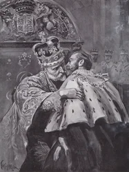 El rey Eduardo VII abrazando a su hijo, el Príncipe de Gales, en la coronación del rey, Abadía de Westminster, Londres