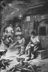William Barents escribiendo su diario mientras pasa el invierno en una cabaña en Nova Zembla