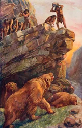 Hombres prehistóricos atacando a los grandes osos de las cavernas