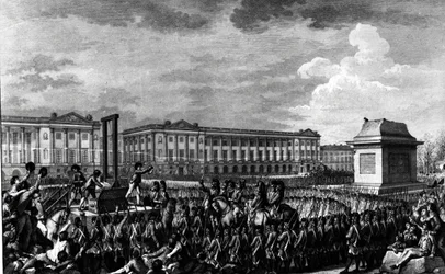 El día 21 de enero de 1793: La muerte de Luis XVI (1754-93) en la Place de la Révolution, grabado por Isidore Stanislas Helman (1743-1809) 1793