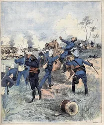El comandante Faurax murió en la batalla de Dogba el 19 de septiembre de 1892 en Dahomey (ahora Benín) después de la acuarela de Morel de 1892