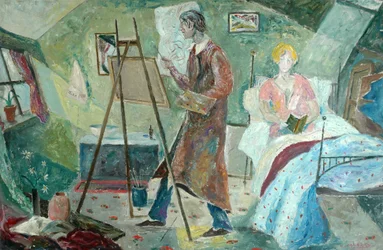 Autorretrato, el artista en su estudio (óleo sobre cartón)