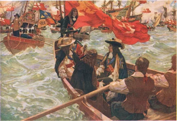 Homecoming of Charles II, de Cassells History of the British People publicado por Waverley Book Company Limited, c.1940 (litografía en color)