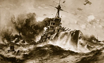 El escuadrón de combate británico a toda velocidad en los mares estrechos (litografía)