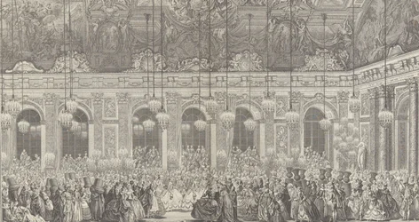 Decoración para un baile de máscaras en Versalles, con motivo de..., ca. 1860 reimpresión de la placa de 1764