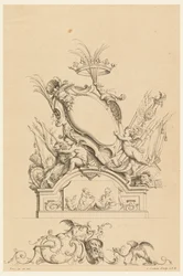 Diseño para cartucho con corona, dos putti sirviendo a Baco y dos leones de "Cartouches Nouvellement Inventez"