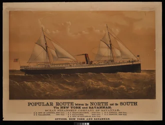 Ruta popular entre el Norte y el Sur vía Nueva York y Savannah, Ocean Steamship Company of Savannah... Ciudad de Augusta... (litografía, coloreada)