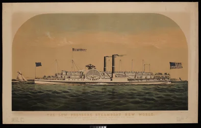 El barco de vapor de baja presión New World. Circulando por el río Hudson, entre Nueva York y Albany (litografía, coloreada)