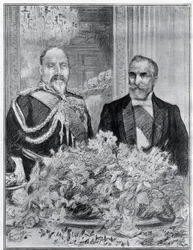 Cordial: la visita del presidente francés Émile Loubet a Londres - el banquete en la embajada francesa - el Rey Eduardo VII y Loubet - dibujado por Paul Renouard para el periódico The Graphic. Julio de 1903.
