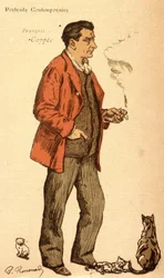 François Coppée fumando un cigarrillo y con gatos