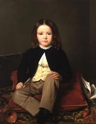 Retrato de un niño sentado en un cojín sosteniendo un cuerno