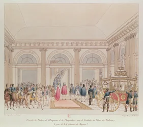 El descenso del Emperador y la Emperatriz del carruaje bajo el vestíbulo del Palacio de las Tullerías el día de su matrimonio