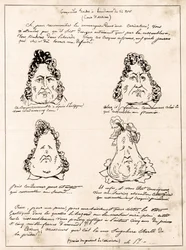 Croquades hechas en la audiencia del 14 de noviembre - caricatura de Luis Felipe en forma de pera por Charles Philipon (1800-1862) - 1832 - (Luis Felipe convirtiéndose gradualmente en una pera)