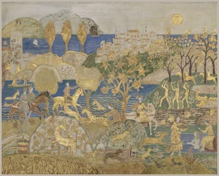 Ciudad de la colina, c.1928 (témpera, grafito y hoja de oro sobre panel inciso y gesso)