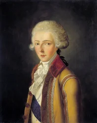 Retrato de Louis Antoine Henri de Bourbon-Conde, duque de Enghien (1772-1804) - representado hacia 1788, vistiendo la librea de caza de vientre de pato "de la Casa de Conde". Pintura de Charles Rauch (1791-1857) 1836. Dim. 0,65x0,54 m. - Retrato de Louis-A