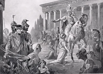 Alejandro en el saqueo de Tebas en 335 a.C., ilustración de la "Historia de las Naciones de Hutchinson".