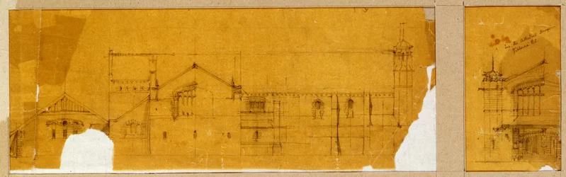Diseño para la fachada de una iglesia mostrada en elevación, y un diseño subsidiario para la entrada de la iglesia, mostrado en elevación, c.1895-99